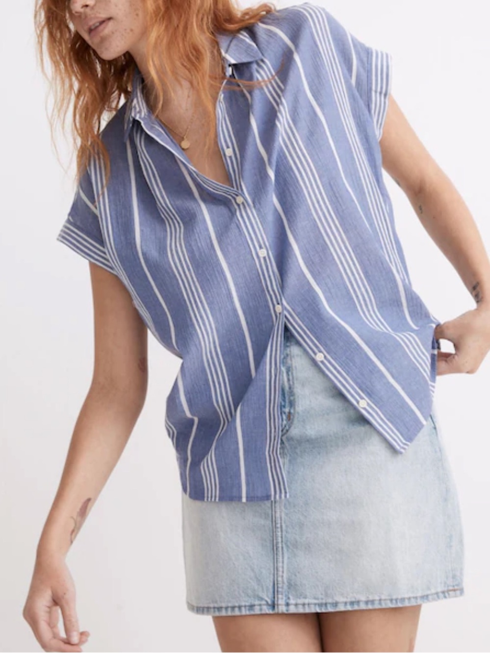 Madewell Central Short Sleeve Shirt in Highley Blue Stripes xxs